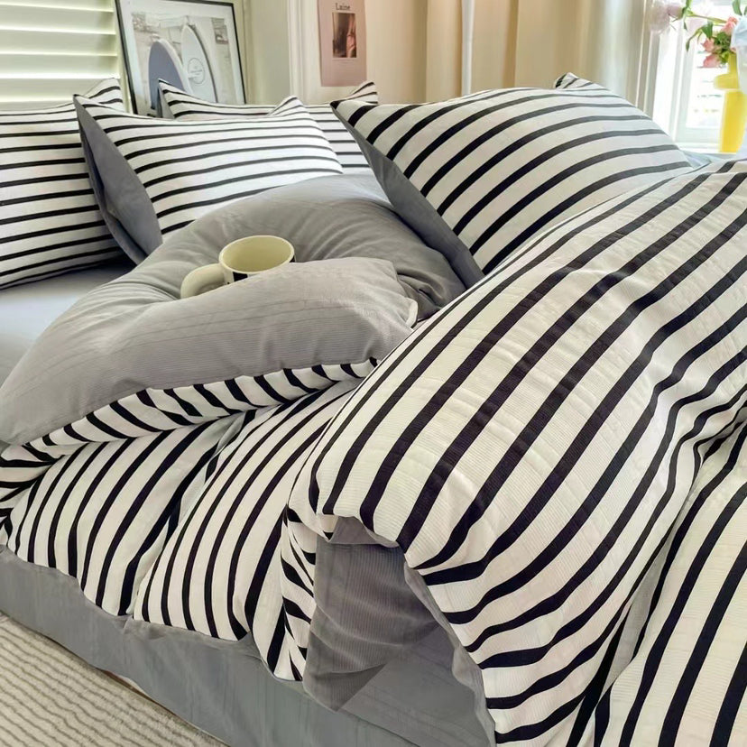 Modern Cozy Style Striped Textured Duvet Cover Bed Sheet Set