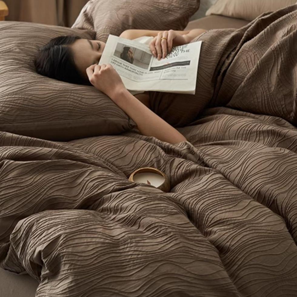 Wavy Jacquard Percale Cotton Duvet Cover Bed Sheet Set
