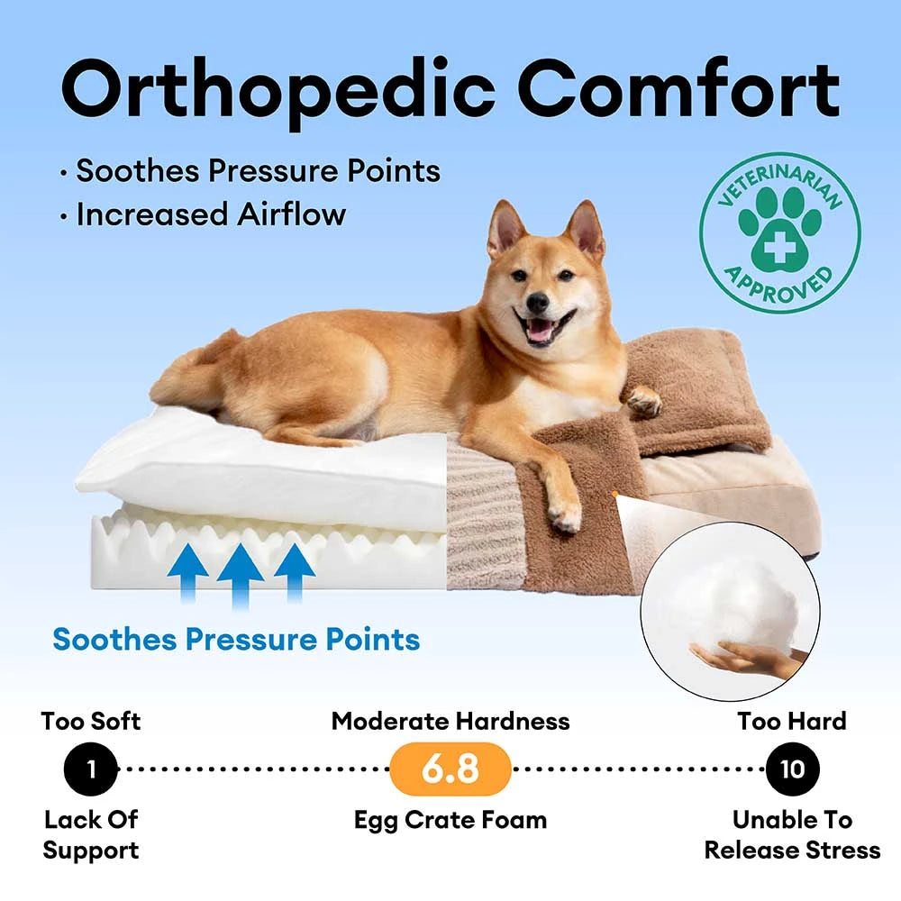 Plush Striped Cave Covered Orthopedic Dog Bed With Pillow - FluffyWarm