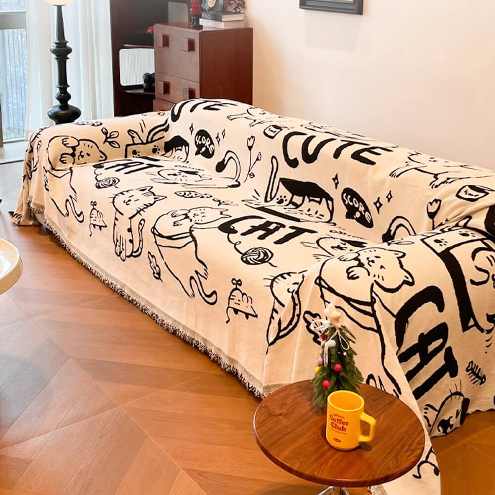 Cute Hand-Drawn Cat Pattern Reversible Chenille Throw Couch Cover