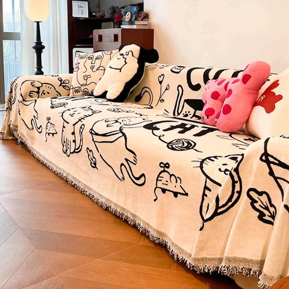 Cute Hand-Drawn Cat Pattern Reversible Chenille Throw Couch Cover