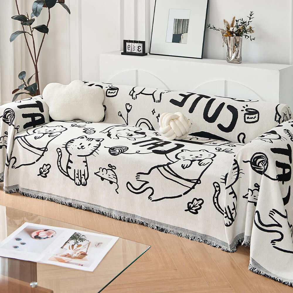 Cute Hand-Drawn Cat Pattern Reversible Chenille Throw Couch Cover