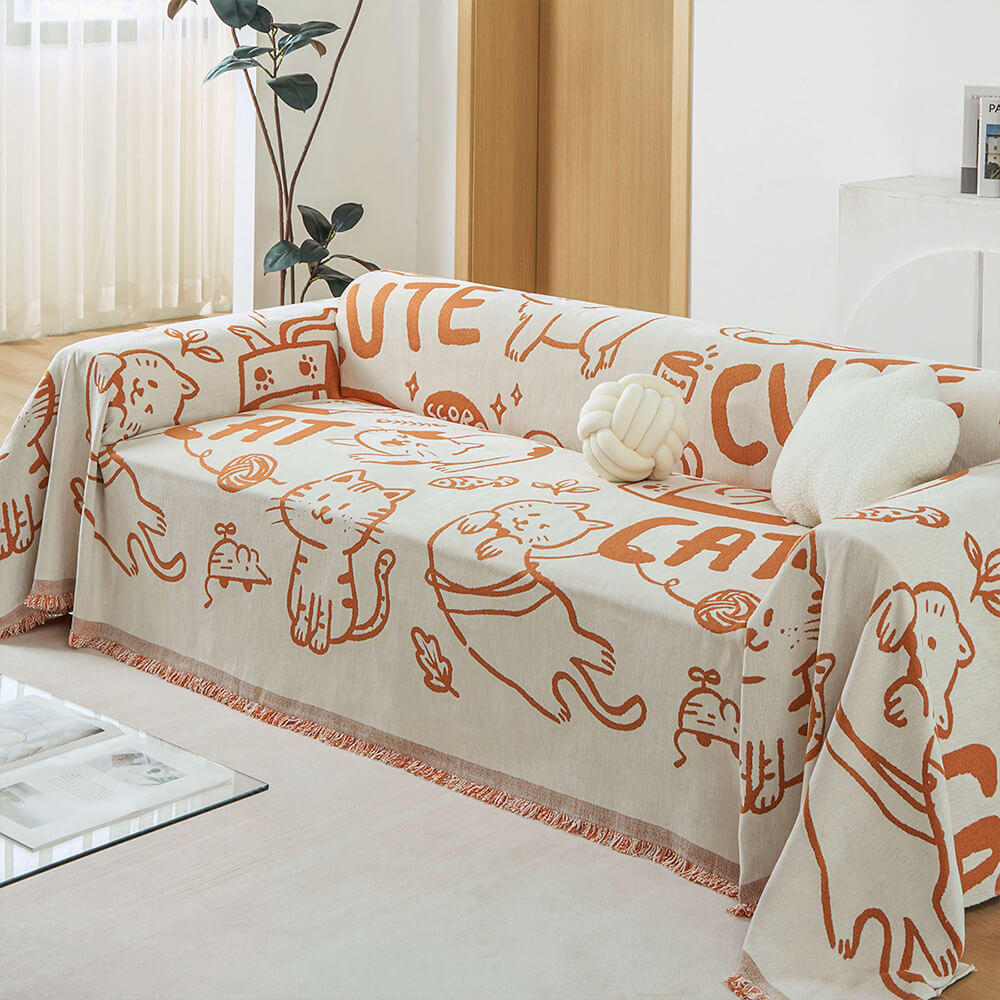 Cute Hand-Drawn Cat Pattern Reversible Chenille Throw Couch Cover