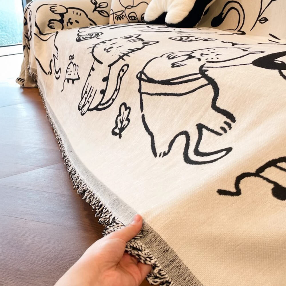 Cute Hand-Drawn Cat Pattern Reversible Chenille Throw Couch Cover