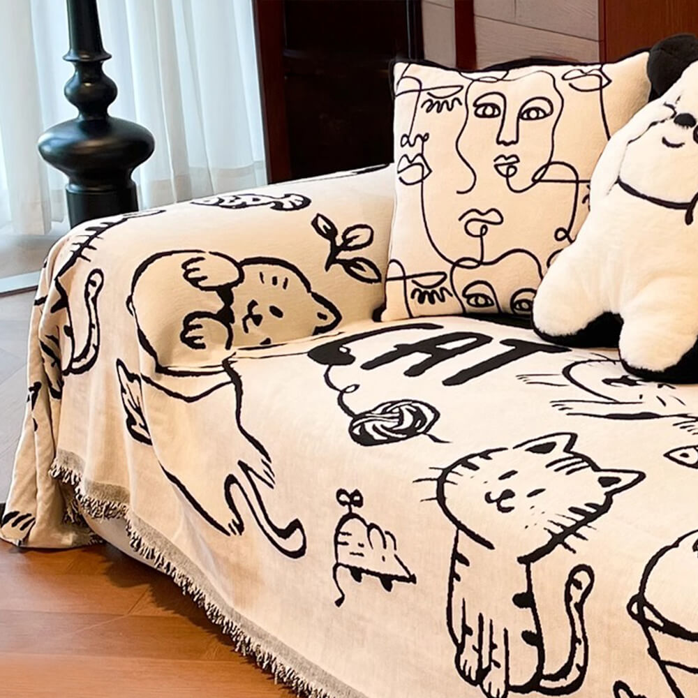 Cute Hand-Drawn Cat Pattern Reversible Chenille Throw Couch Cover