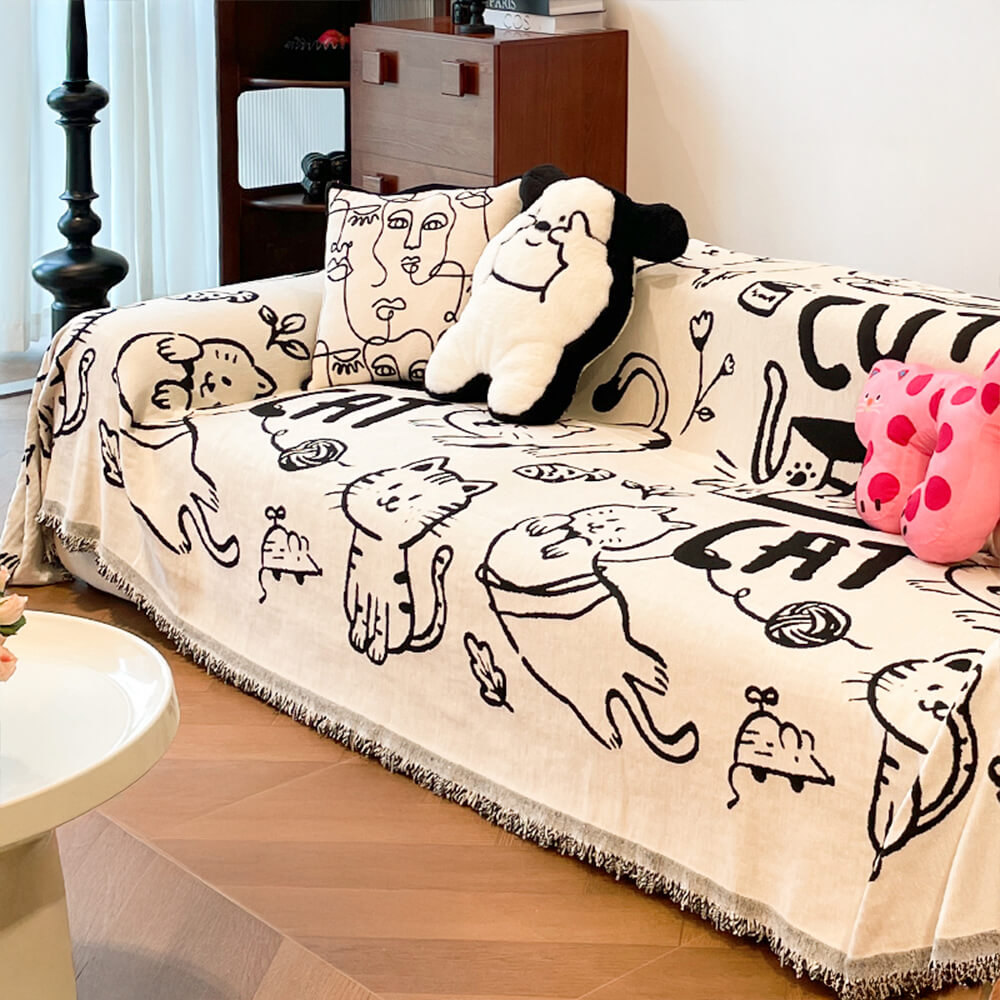 Cute Hand-Drawn Cat Pattern Reversible Chenille Throw Couch Cover