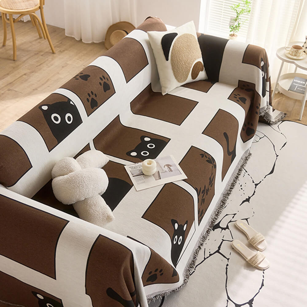 Cute Hand-Drawn Cat Pattern Reversible Chenille Throw Couch Cover