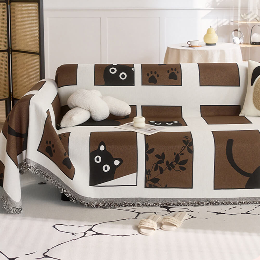 Cute Hand-Drawn Cat Pattern Reversible Chenille Throw Couch Cover