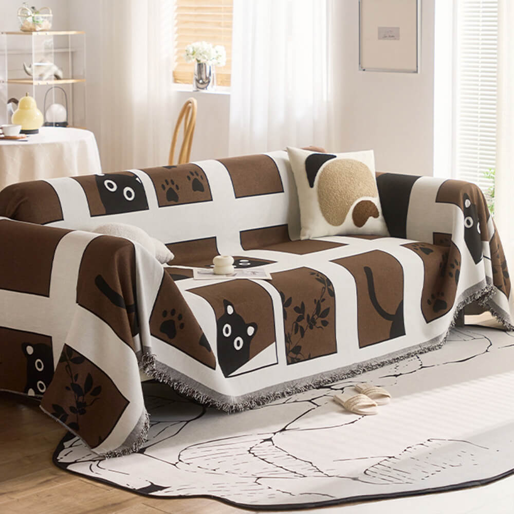 Cute Hand-Drawn Cat Pattern Reversible Chenille Throw Couch Cover