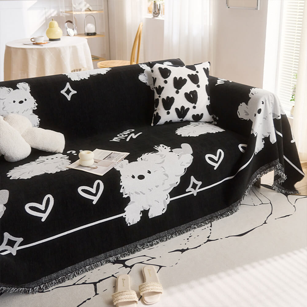 Cute Hand-Drawn Cat Pattern Reversible Chenille Throw Couch Cover
