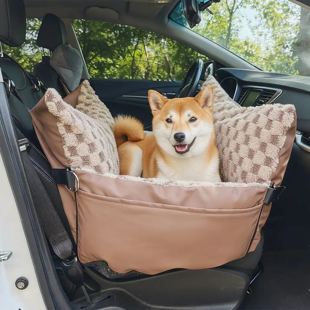 Checkerboard Faux Leather Safety Center Console Pet Car Seat and Carrier 2-in-1