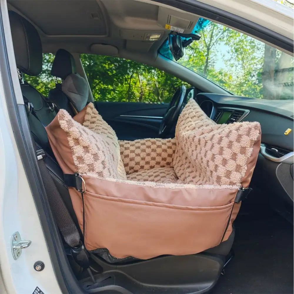 Checkerboard Faux Leather Safety Center Console Pet Car Seat and Carrier 2 in 1