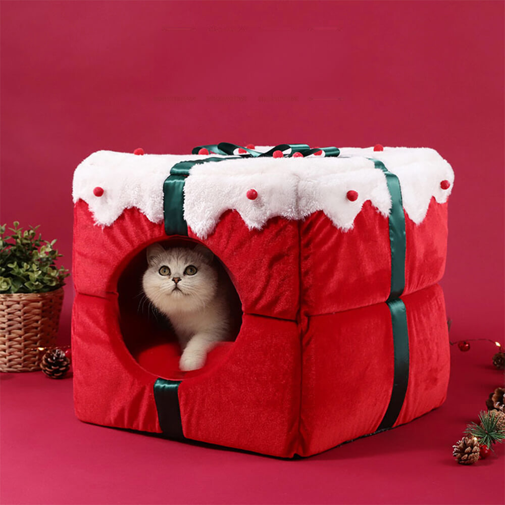 Caja de regalo de Navidad cálida cama semicerrada en la cueva y cama para perros y gatos