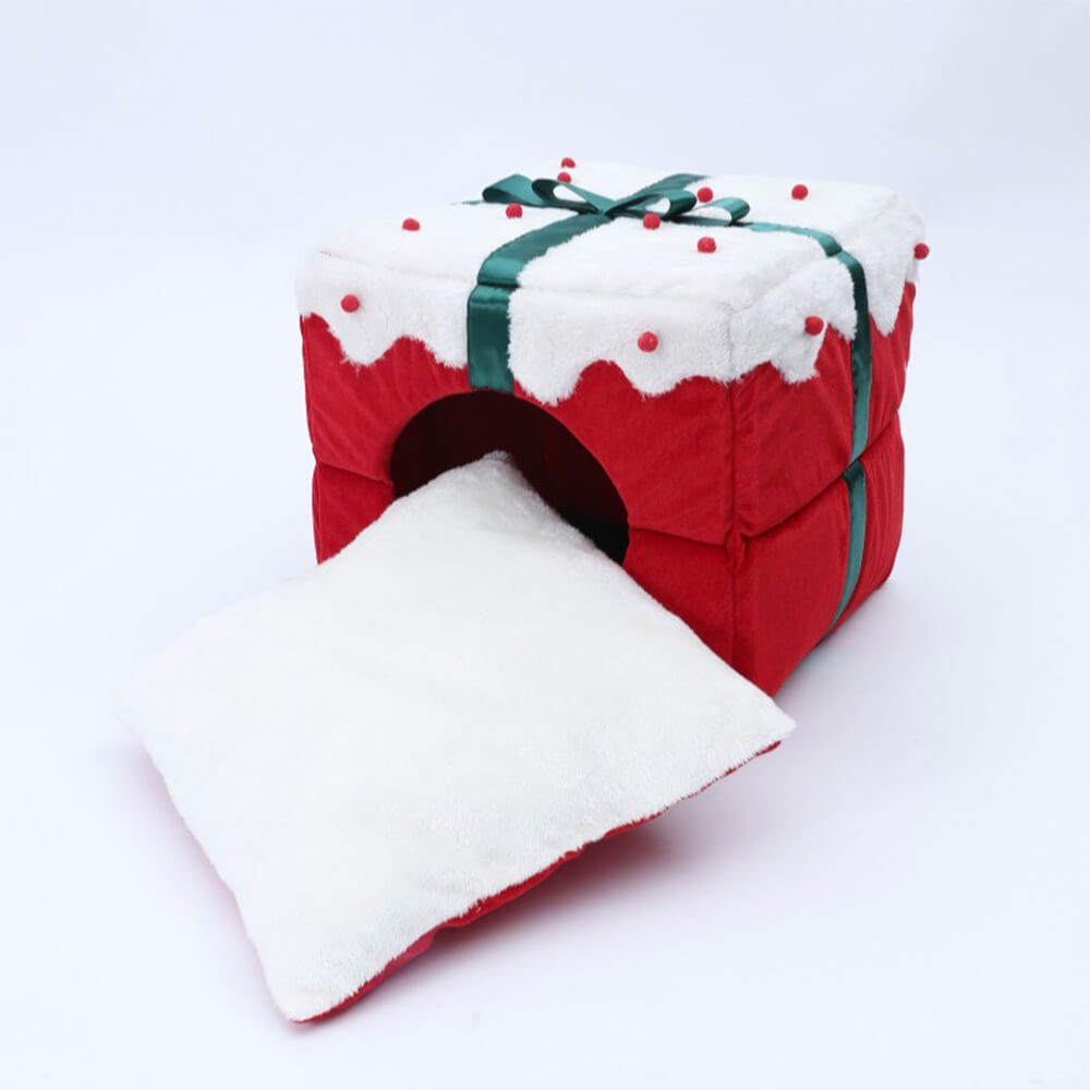 Caja de regalo de Navidad cálida cama semicerrada en la cueva y cama para perros y gatos