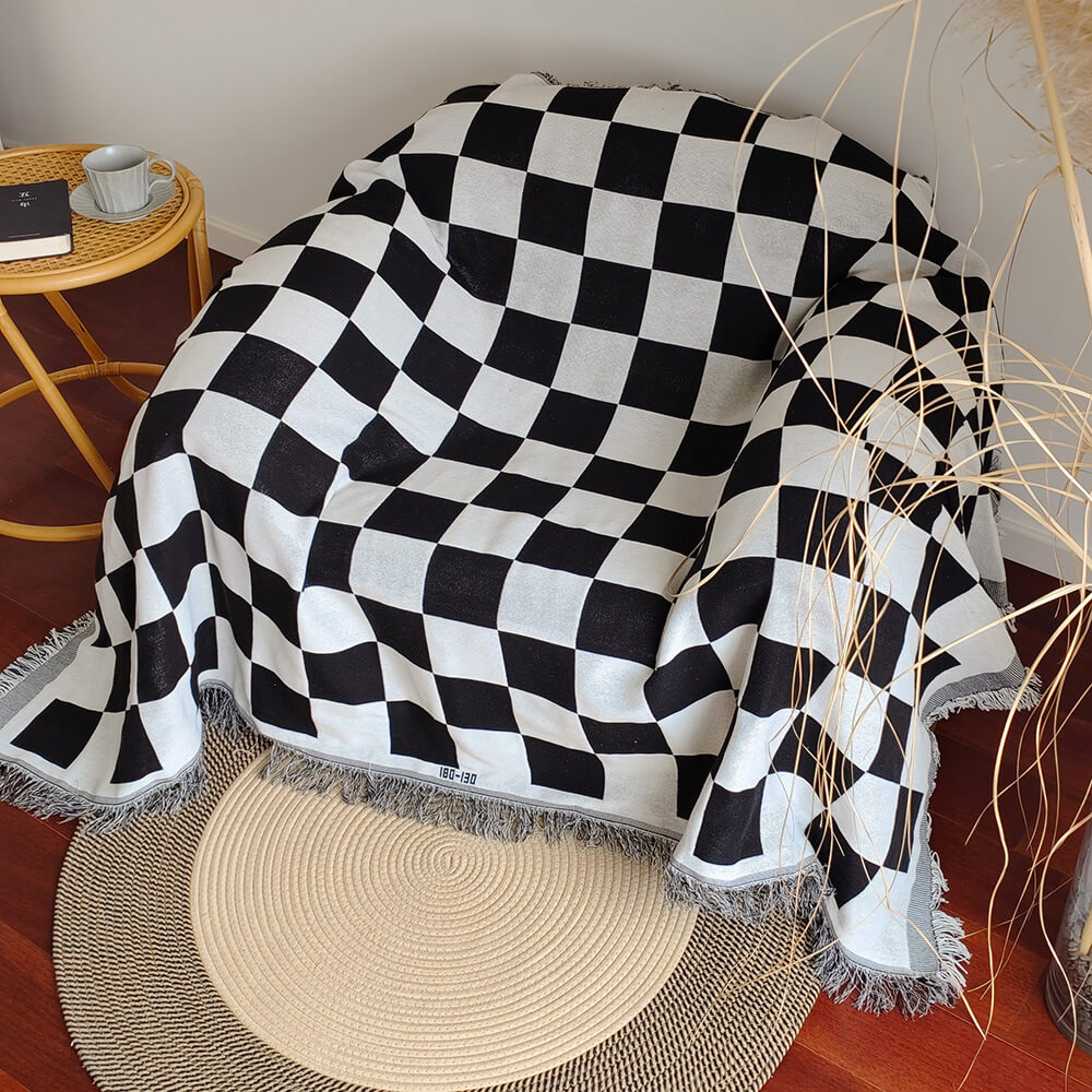 Farbblock-Sofadecke mit Fransenbesatz und Schachbrettmuster