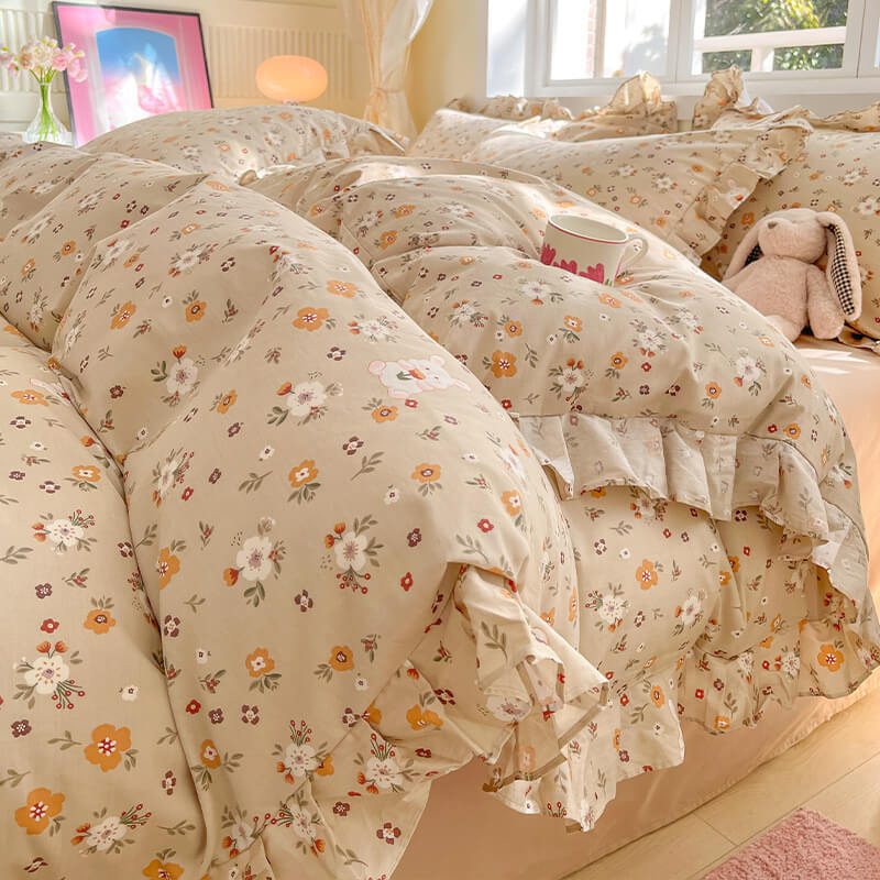 Elegant Ruffled Floral Cotton Bed Sheet Set