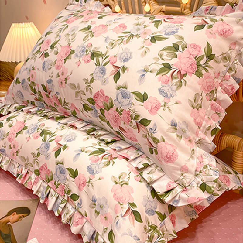 Elegant Ruffled Floral Cotton Bed Sheet Set