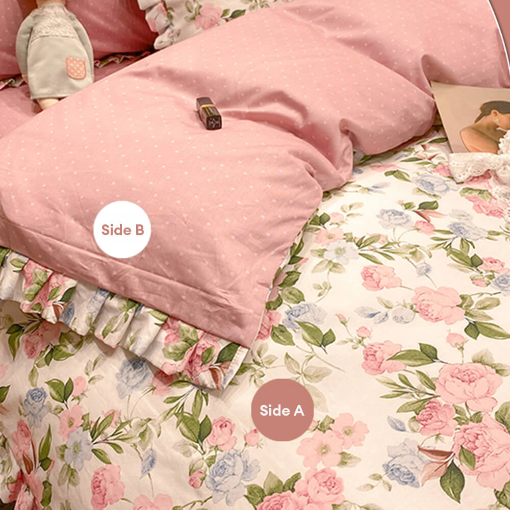 Elegant Ruffled Floral Cotton Bed Sheet Set