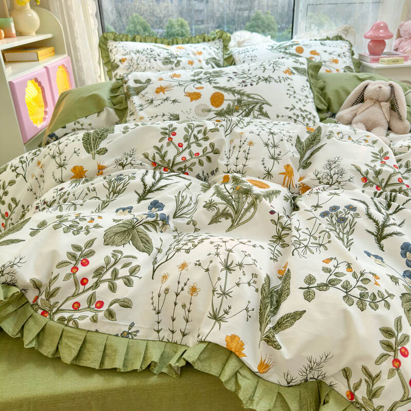 Elegant Ruffled Floral Cotton Bed Sheet Set