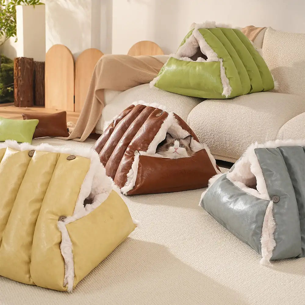 Faux Leather Vintage Multi-function Plush Dog Bed Convertible Dog Car Seat