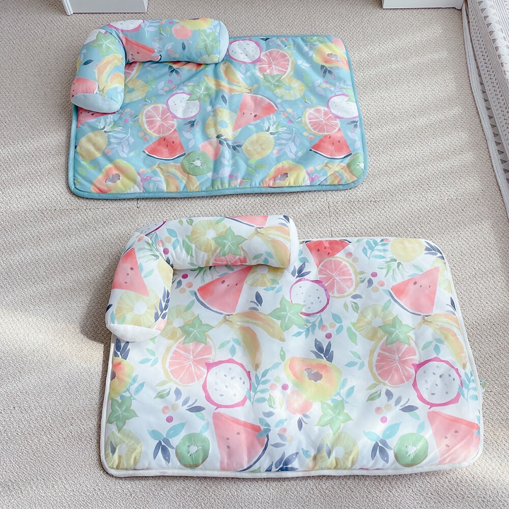 Estampado de frutas enfriando hielo seda de seda y alfombra de gato con almohada