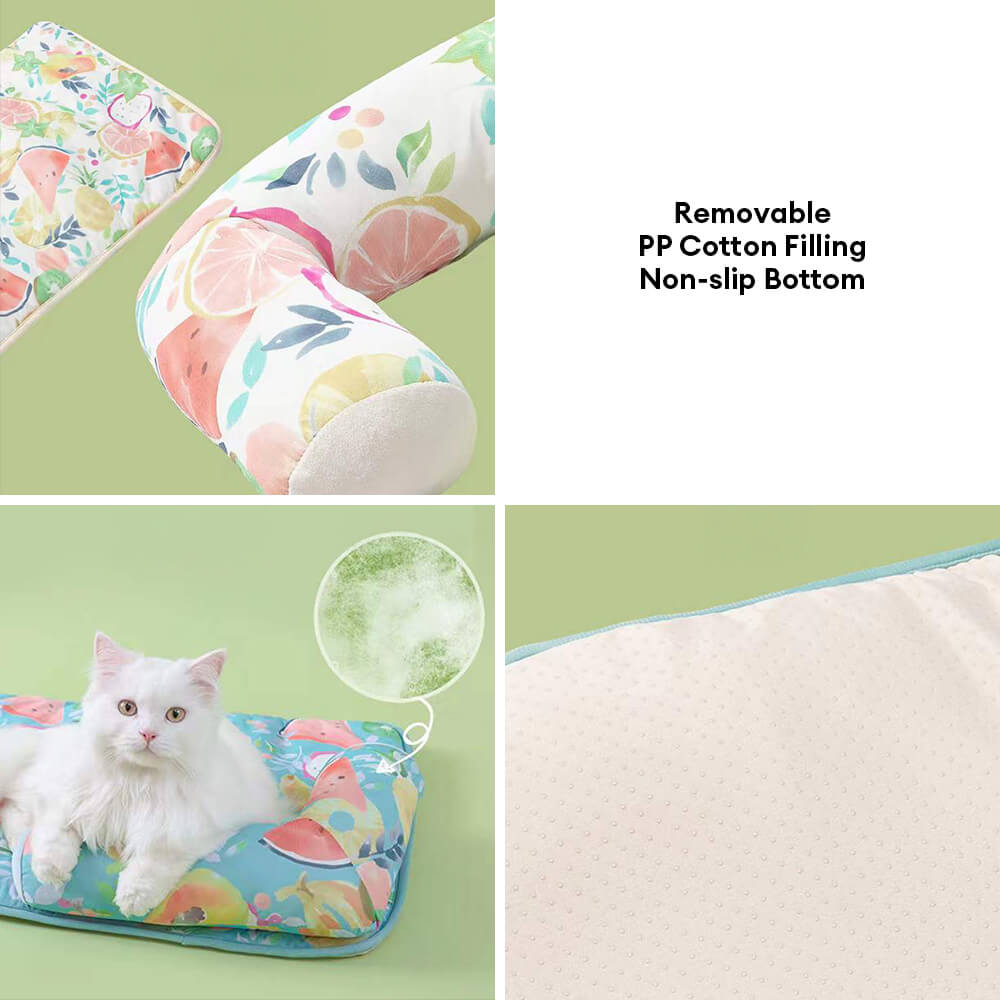 Estampado de frutas enfriando hielo seda de seda y alfombra de gato con almohada
