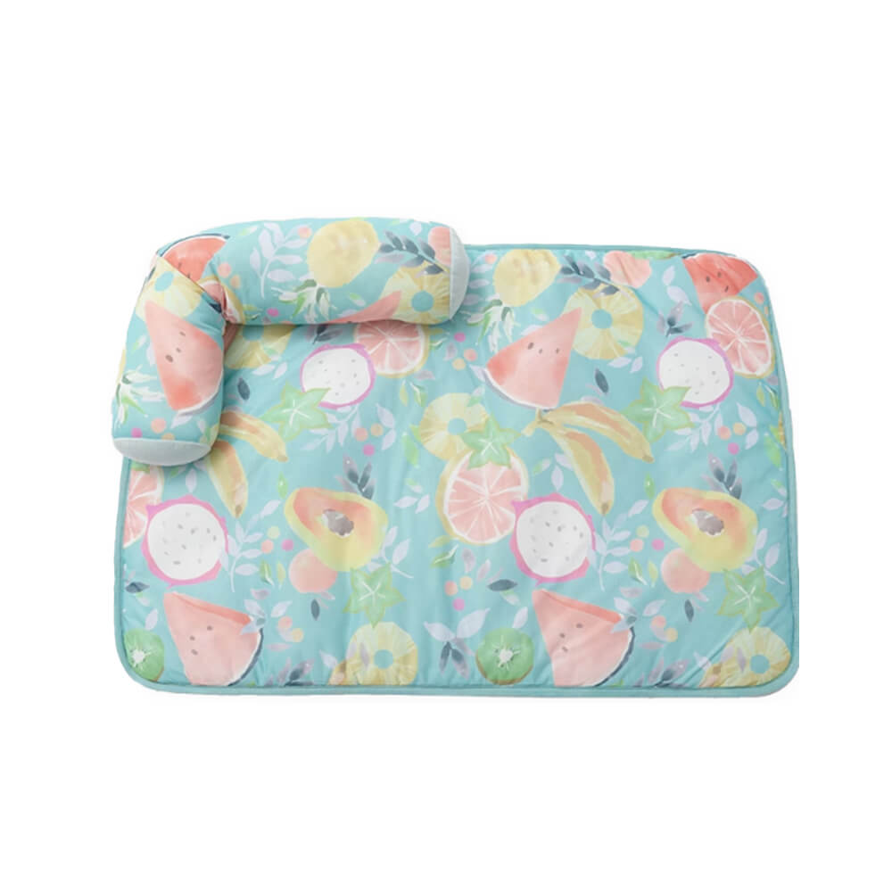Estampado de frutas enfriando hielo seda de seda y alfombra de gato con almohada