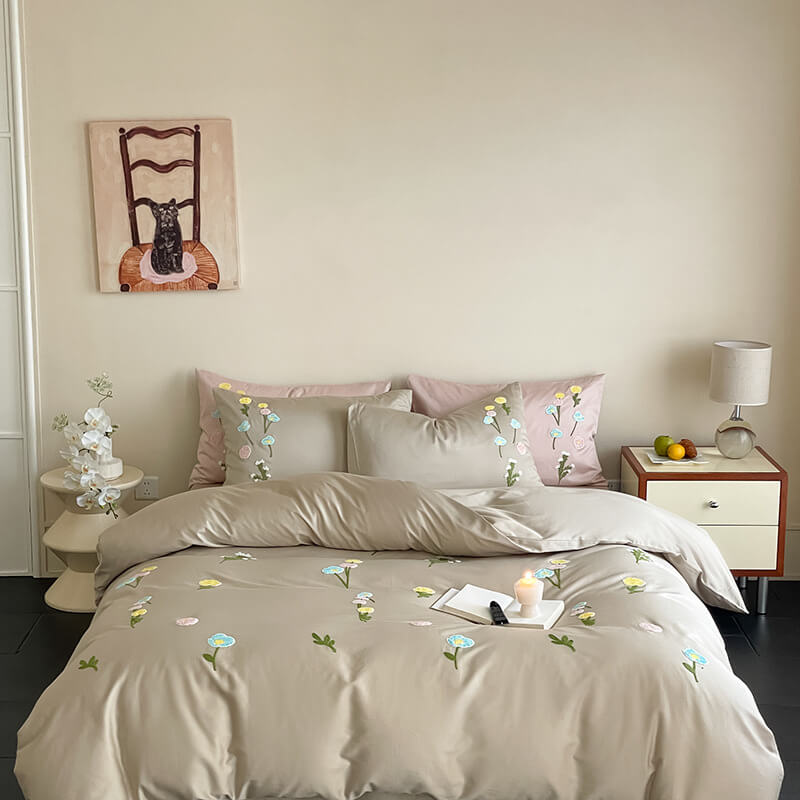 Romantic Floral Embroidered Brushed Cotton Duvet Cover Bed Sheet Set