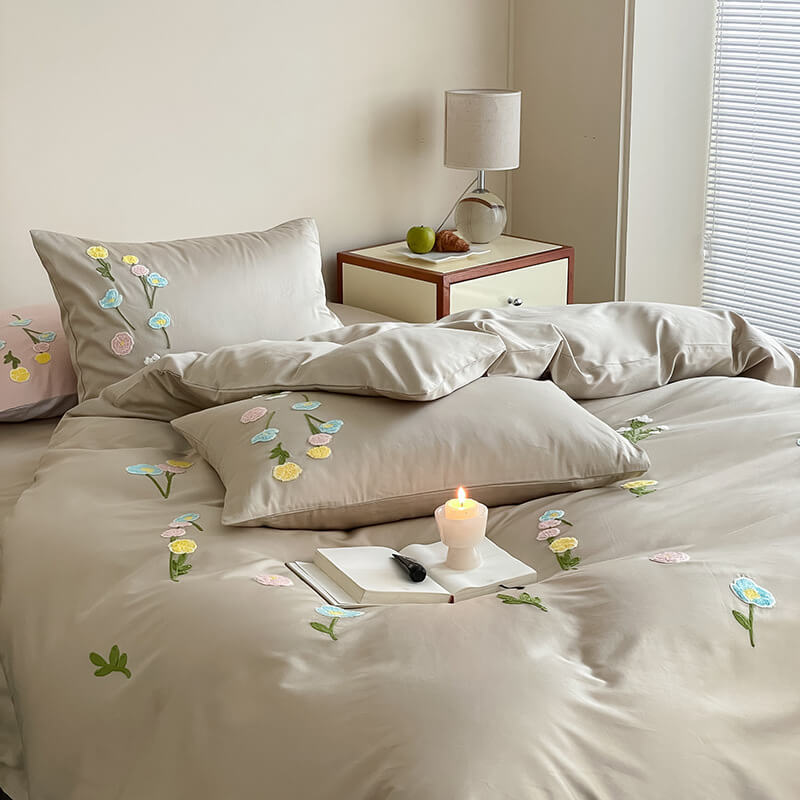 Romantic Floral Embroidered Brushed Cotton Duvet Cover Bed Sheet Set