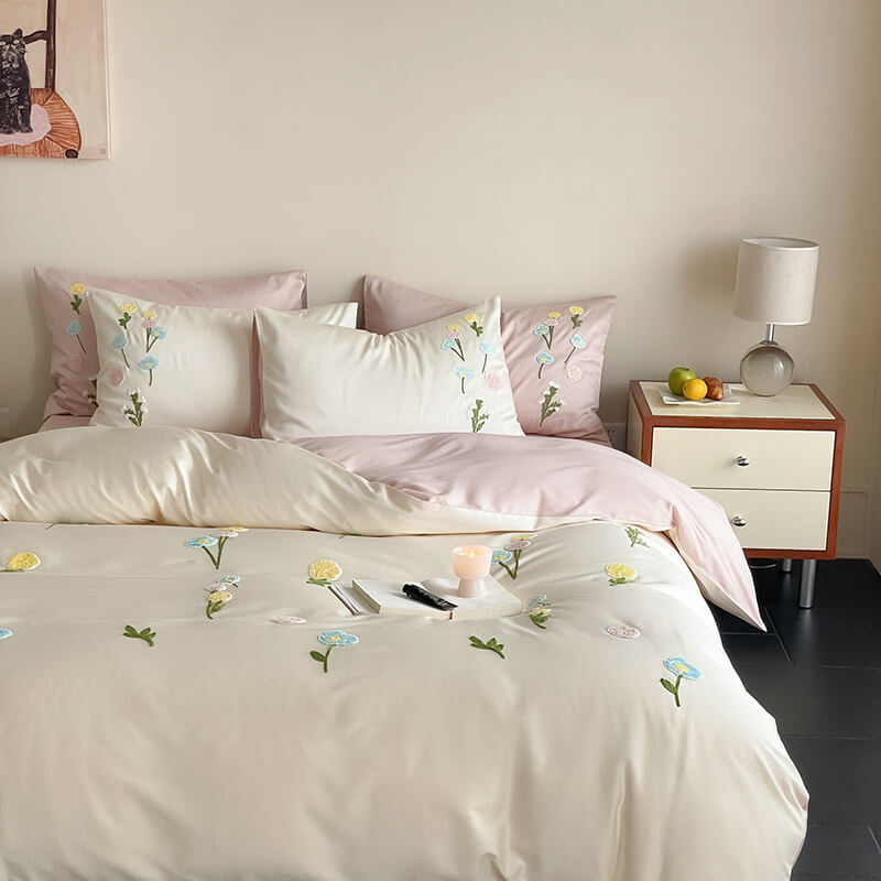 Romantic Floral Embroidered Brushed Cotton Duvet Cover Bed Sheet Set