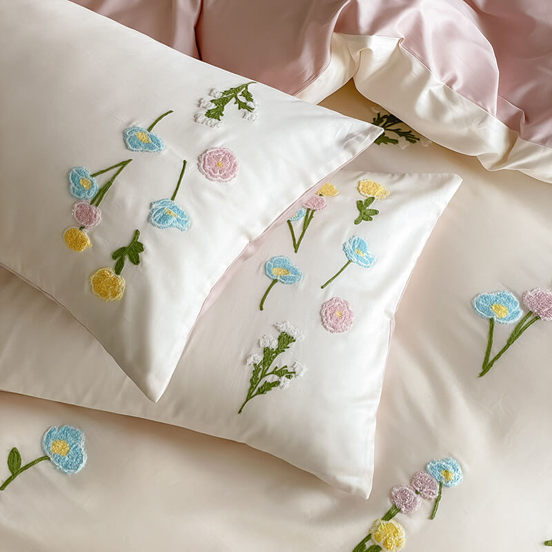Romantic Floral Embroidered Brushed Cotton Duvet Cover Bed Sheet Set