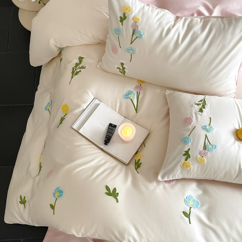 Romantic Floral Embroidered Brushed Cotton Duvet Cover Bed Sheet Set