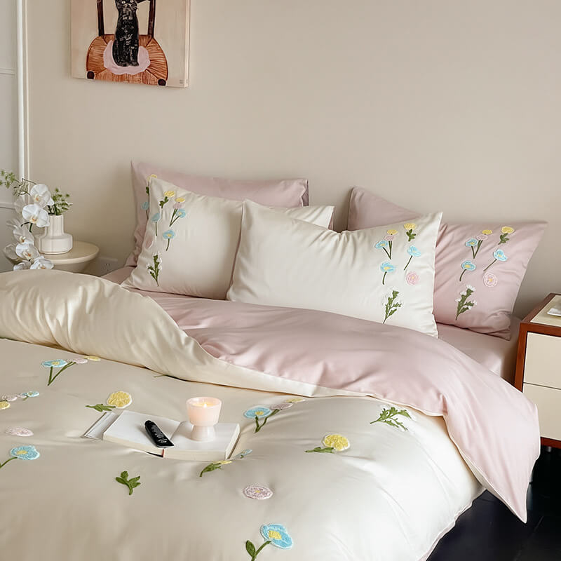 Romantic Floral Embroidered Brushed Cotton Duvet Cover Bed Sheet Set