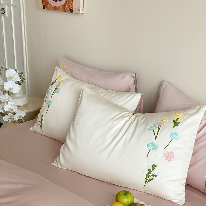 Romantic Floral Embroidered Brushed Cotton Duvet Cover Bed Sheet Set