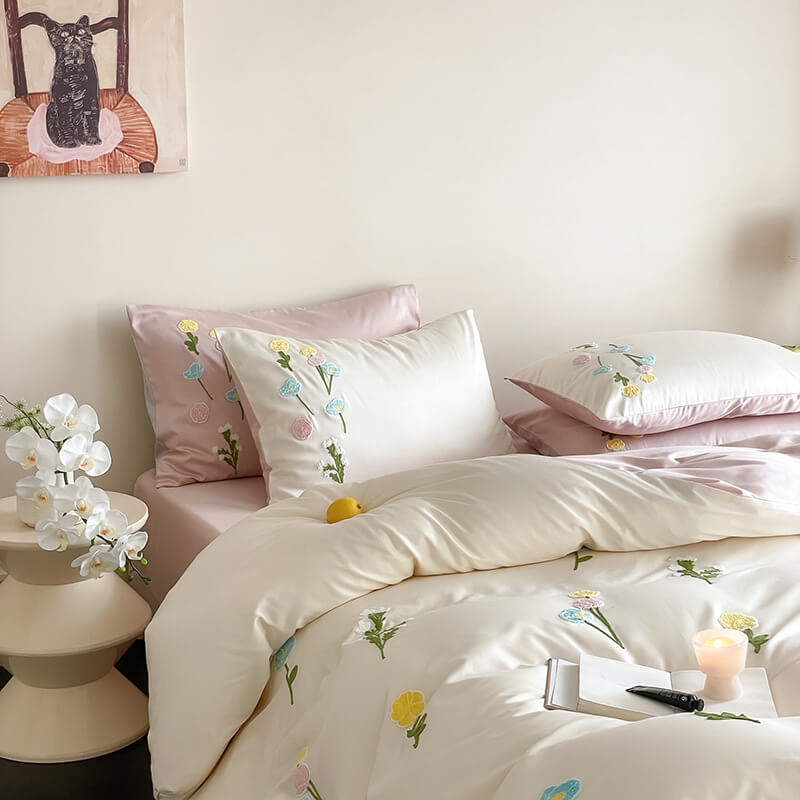 Romantic Floral Embroidered Brushed Cotton Duvet Cover Bed Sheet Set