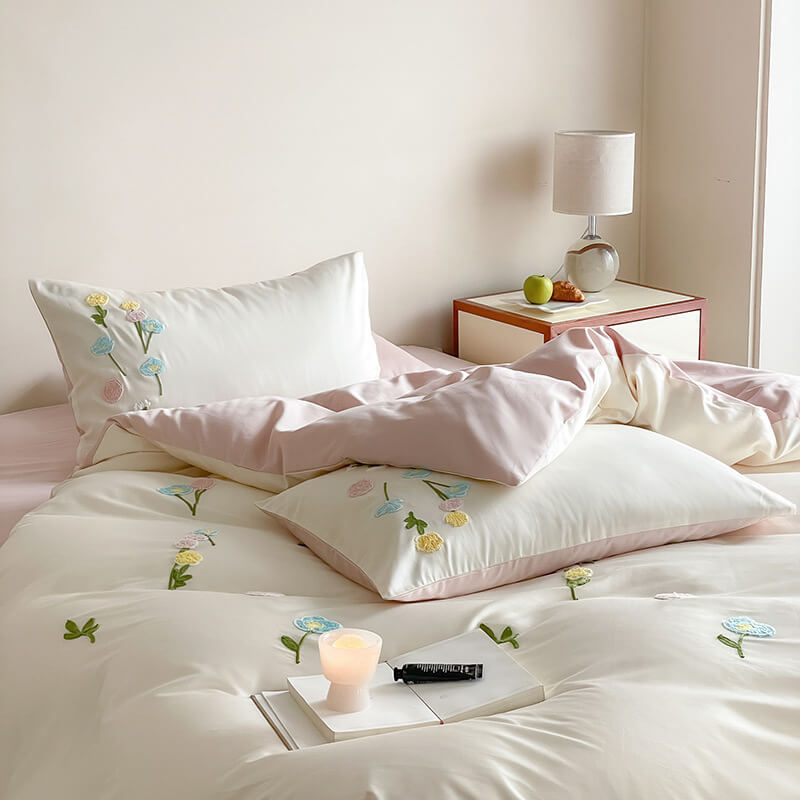 Romantic Floral Embroidered Brushed Cotton Duvet Cover Bed Sheet Set