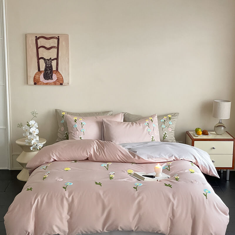 Romantic Floral Embroidered Brushed Cotton Duvet Cover Bed Sheet Set