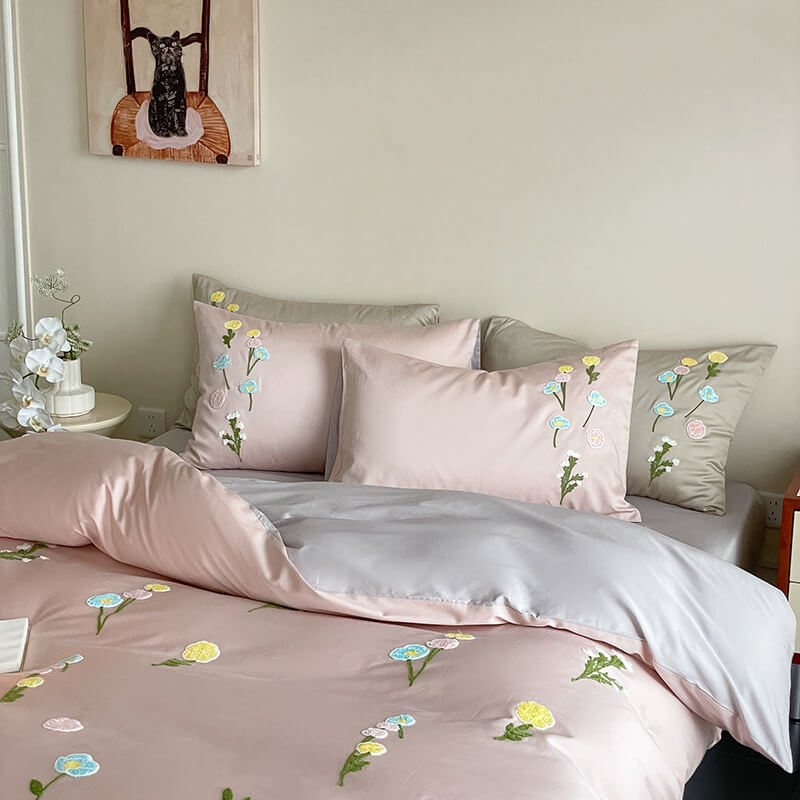 Romantic Floral Embroidered Brushed Cotton Duvet Cover Bed Sheet Set