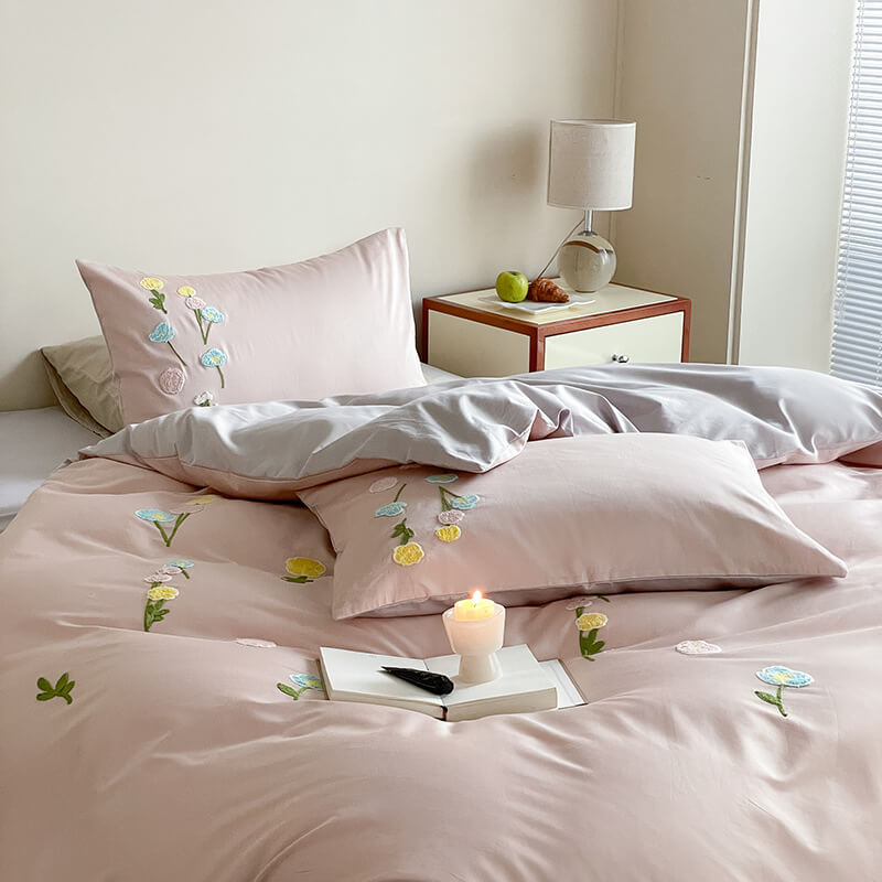 Romantic Floral Embroidered Brushed Cotton Duvet Cover Bed Sheet Set
