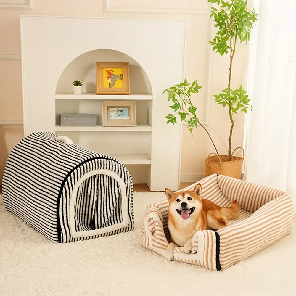 Striped Cave-Style Warm Deep Sleeping Snug Cat Cave Dog House