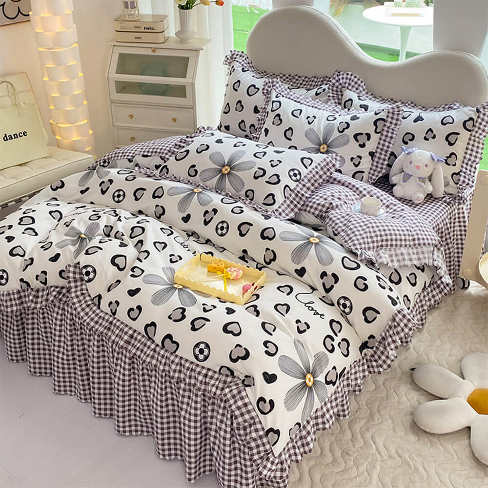 Juego de sábanas de estampado floral vibrante de primavera con falda de cama con volantes