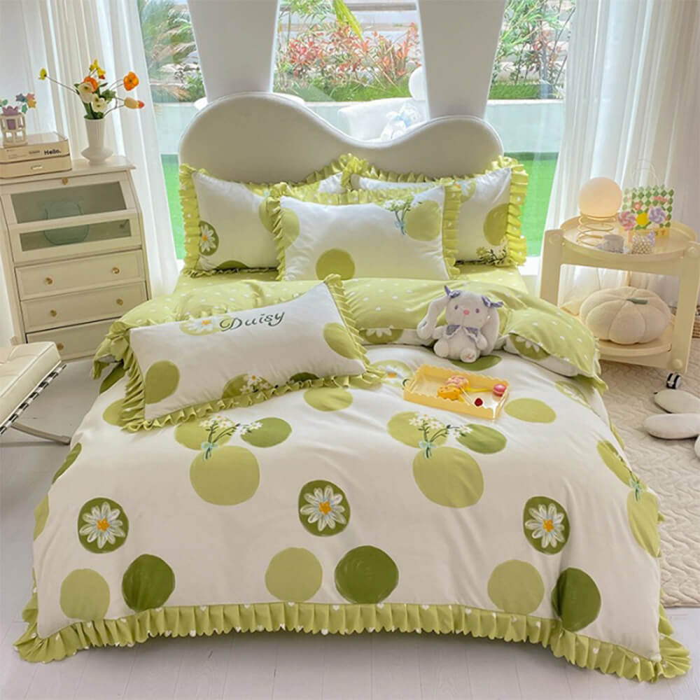 Juego de sábanas de estampado floral vibrante de primavera con falda de cama con volantes
