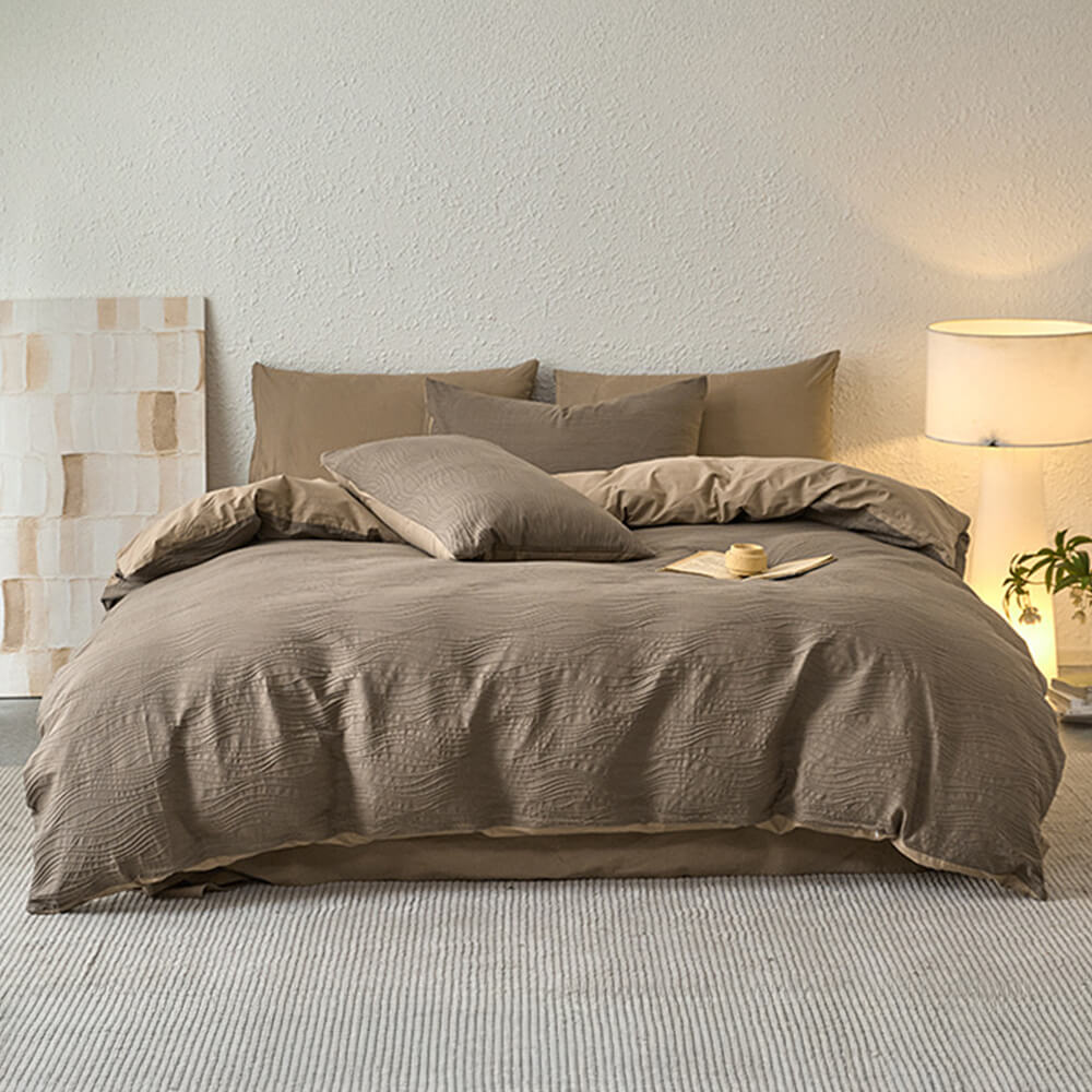Wavy Jacquard Percale Cotton Duvet Cover Bed Sheet Set