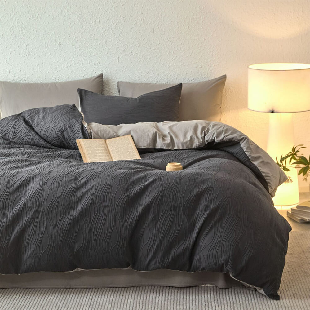 Wavy Jacquard Percale Cotton Duvet Cover Bed Sheet Set