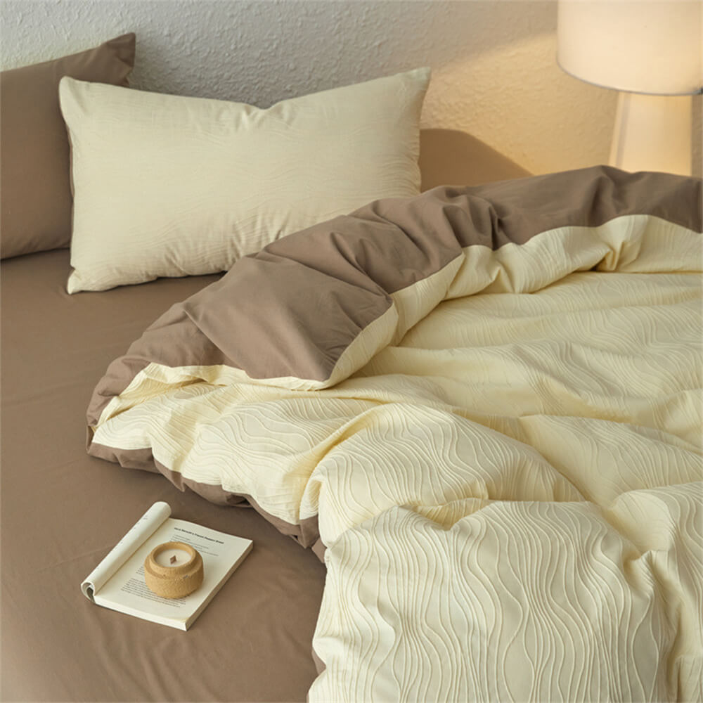 Wavy Jacquard Percale Cotton Duvet Cover Bed Sheet Set