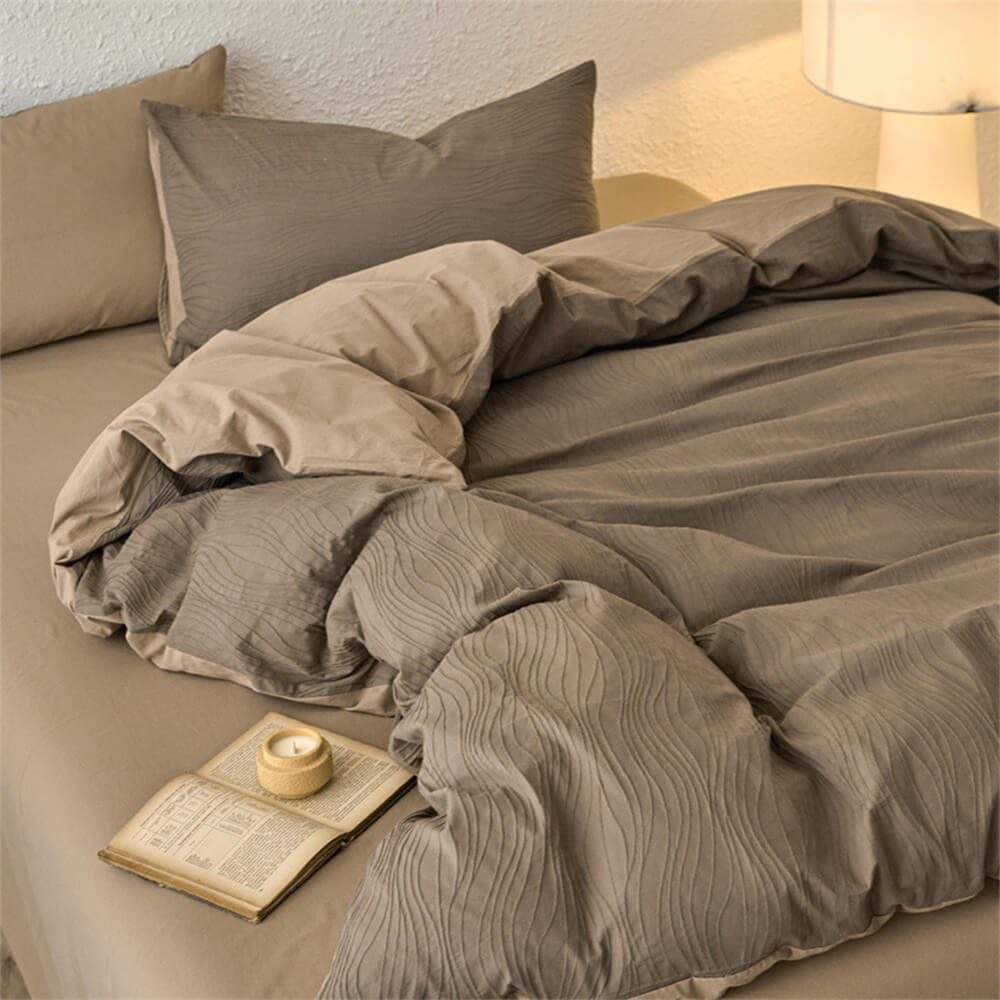 Wavy Jacquard Percale Cotton Duvet Cover Bed Sheet Set
