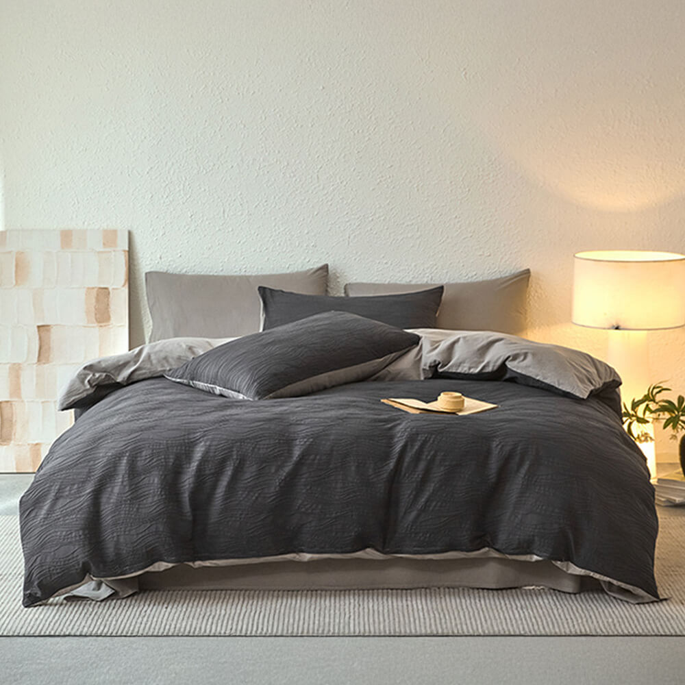 Wavy Jacquard Percale Cotton Duvet Cover Bed Sheet Set