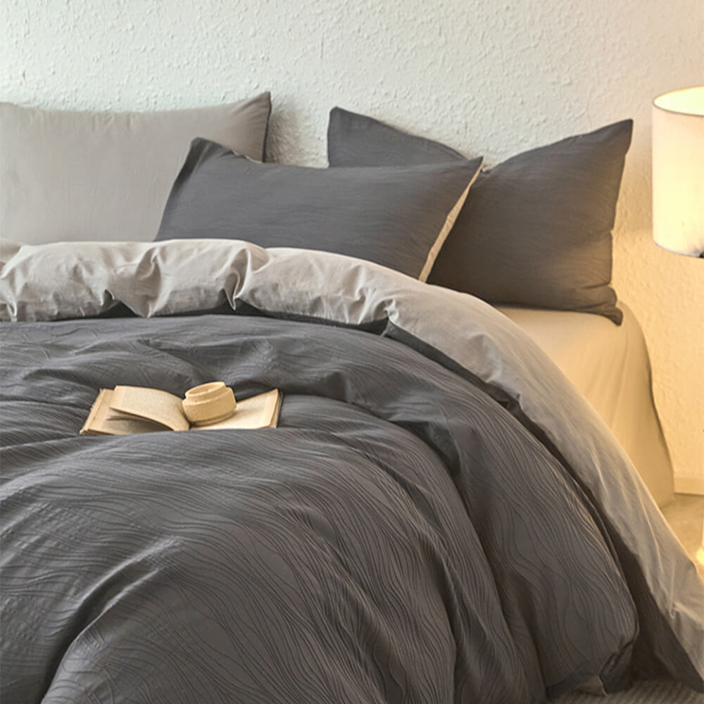 Wavy Jacquard Percale Cotton Duvet Cover Bed Sheet Set
