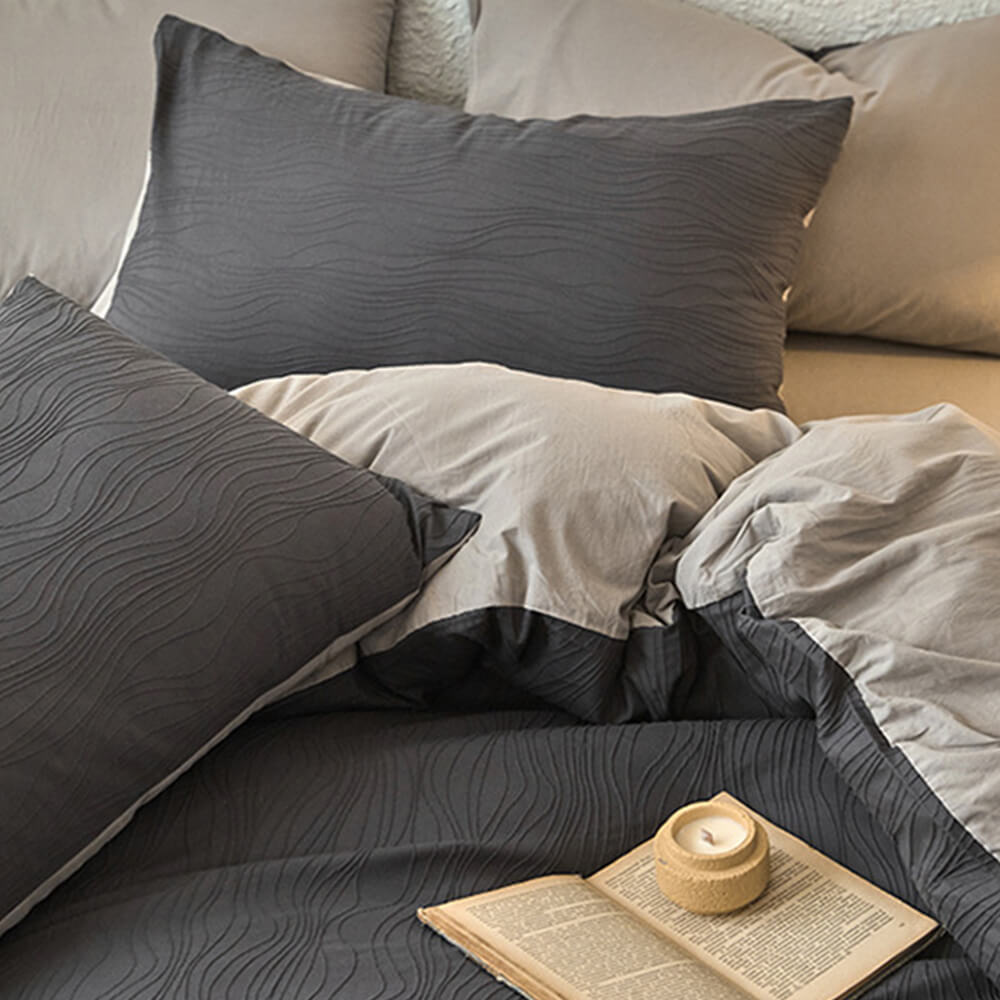 Wavy Jacquard Percale Cotton Duvet Cover Bed Sheet Set