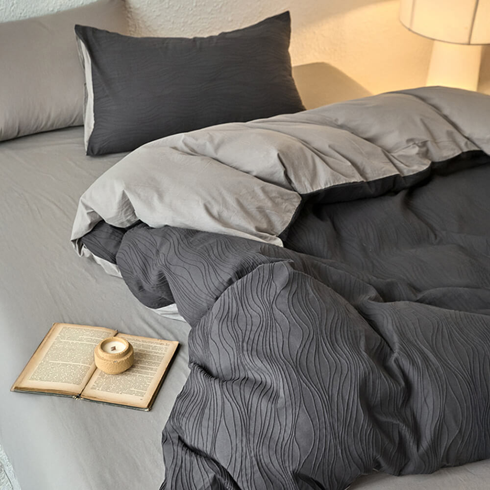 Wavy Jacquard Percale Cotton Duvet Cover Bed Sheet Set